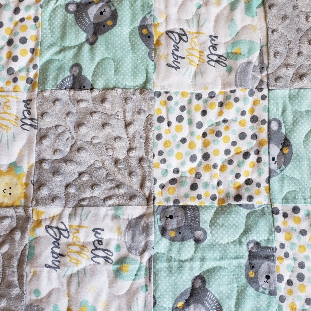 New Bear Baby Quilt, Baby Blanket, Teal Bear baby